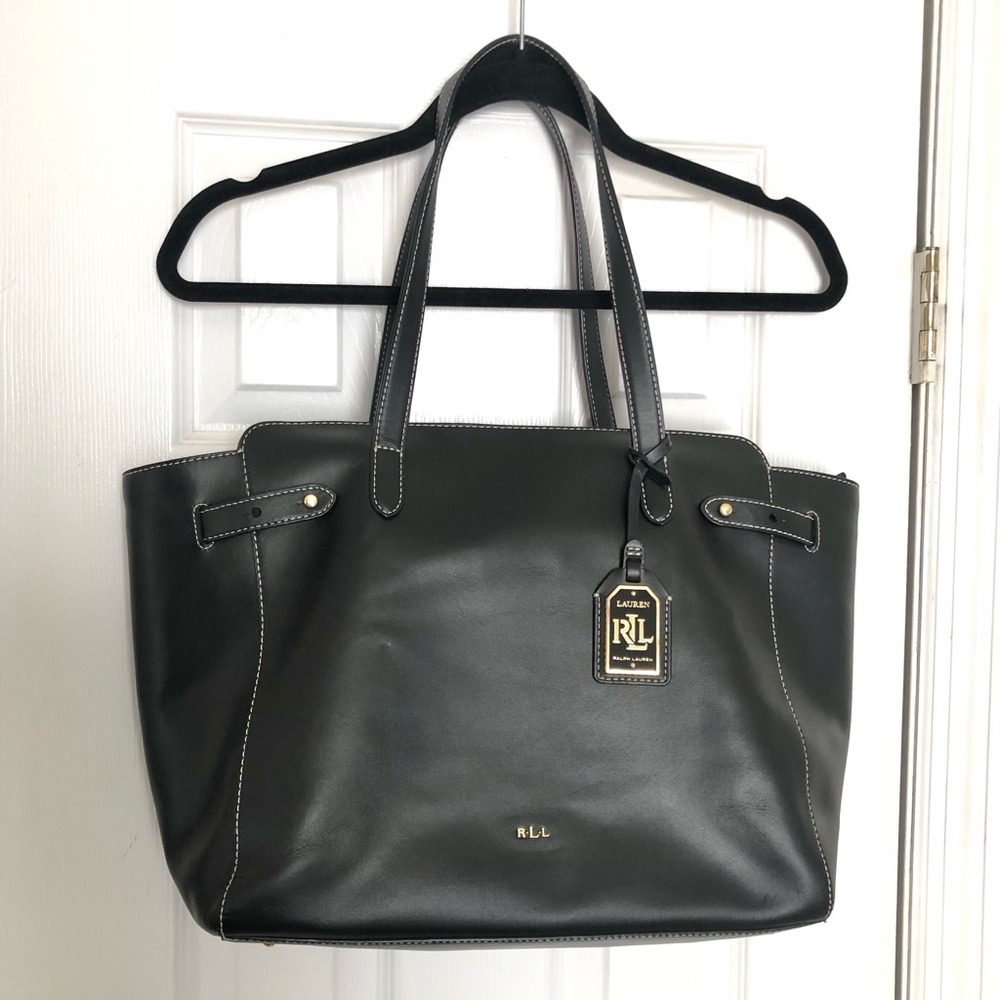 Lauren Ralph Lauren Genuine Leather Large Shoulder Tote Bag Black/ Gold Accents